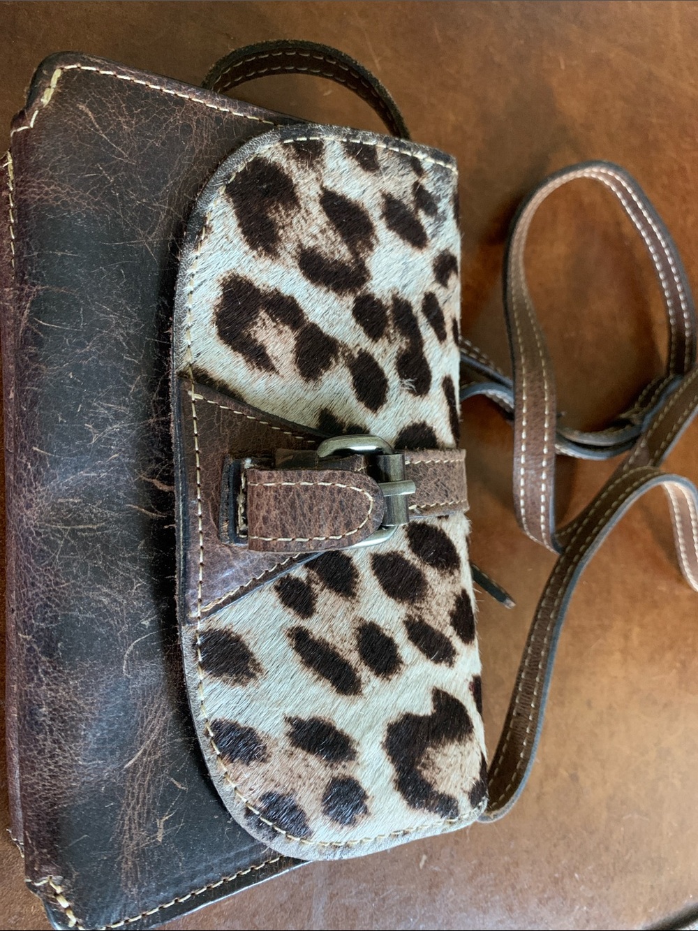 Patricia Nash Brown Leather Crossbody with Leopard Haircalf Flap